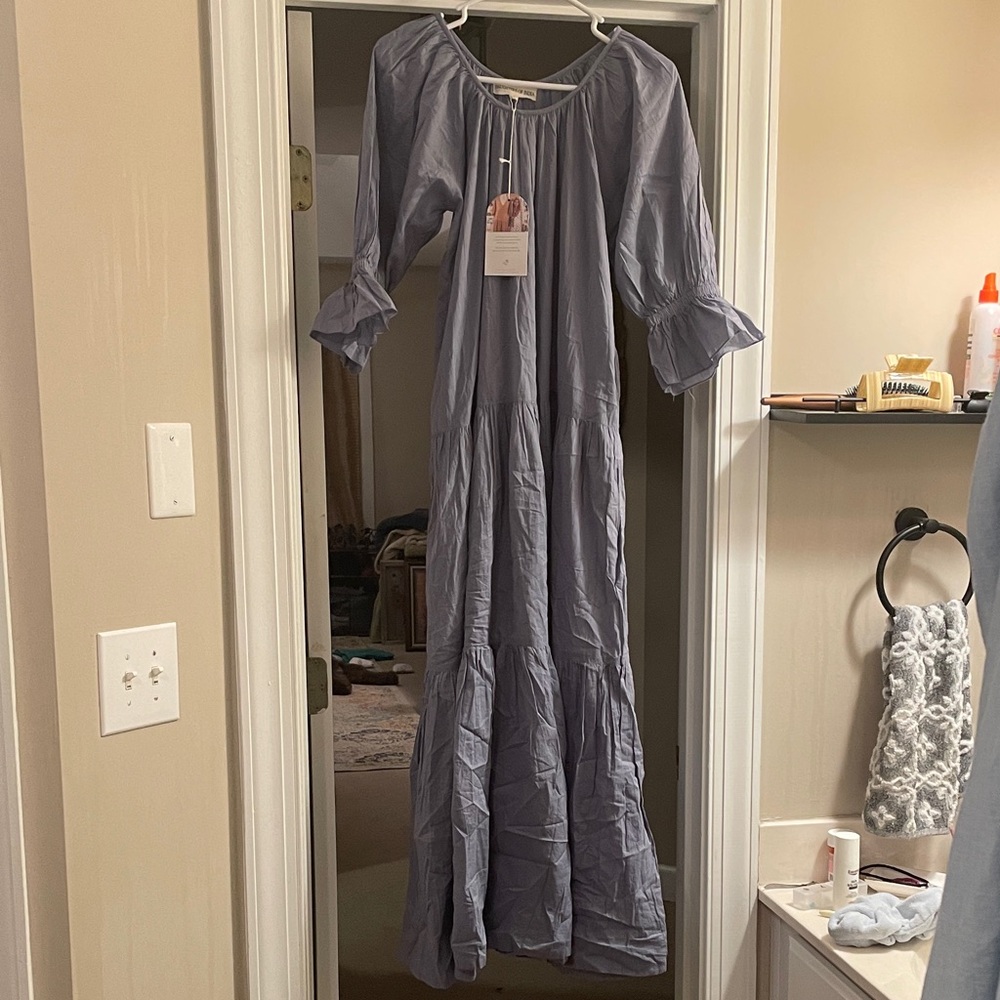 Daughters of India Sahana Light Blue Tiered Maxi Dress with Ruffled Cuffs